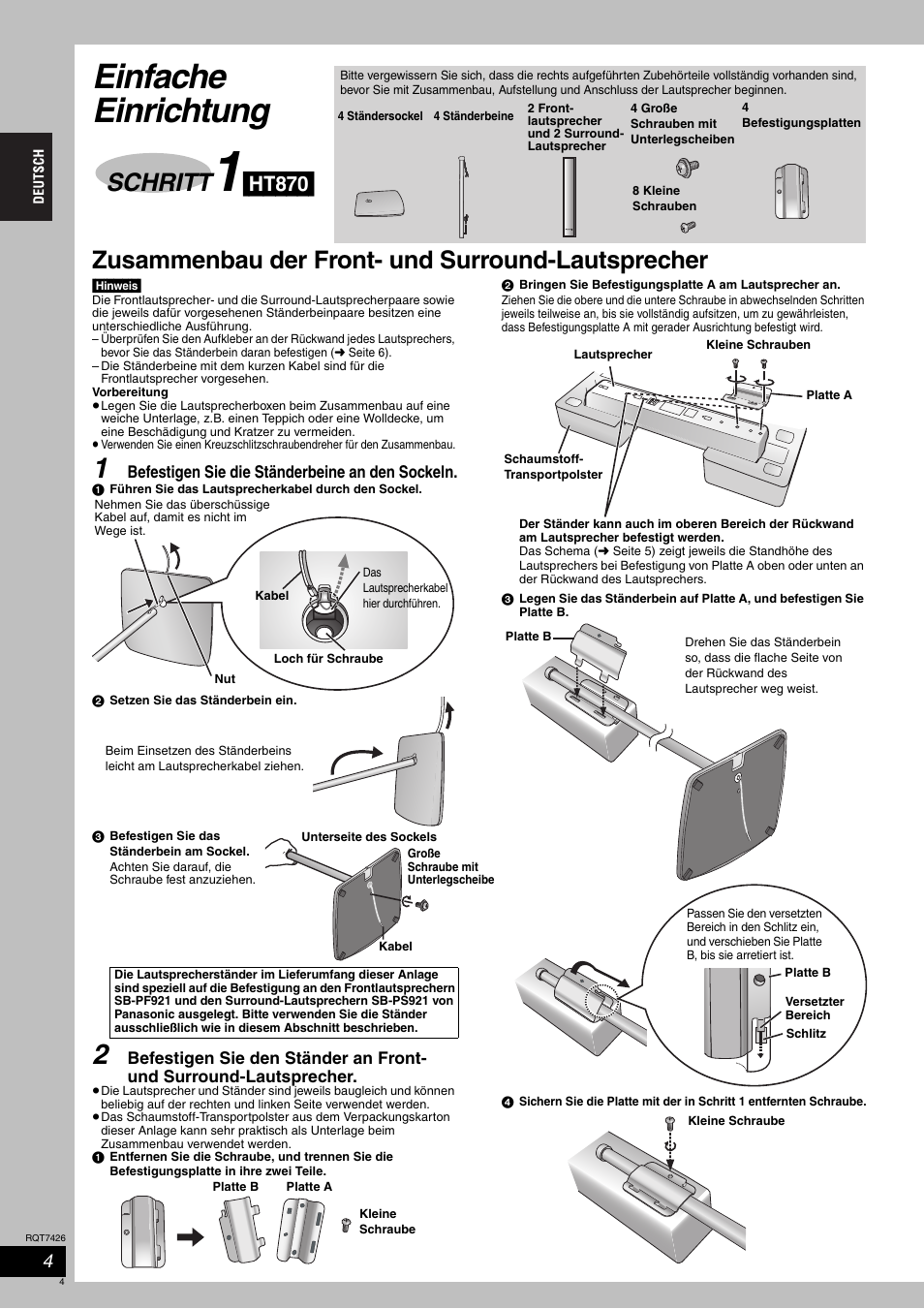 Einfache einrichtung, Zusammenbau der front- und surround-lautsprecher, Schritt | Ht870 | Panasonic SCHT520 User Manual | Page 4 / 104