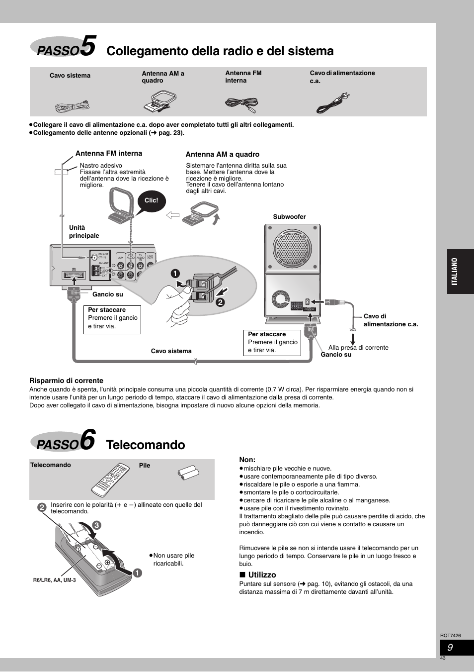 Passo, Collegamento della radio e del sistema, Telecomando | Panasonic SCHT520 User Manual | Page 43 / 104