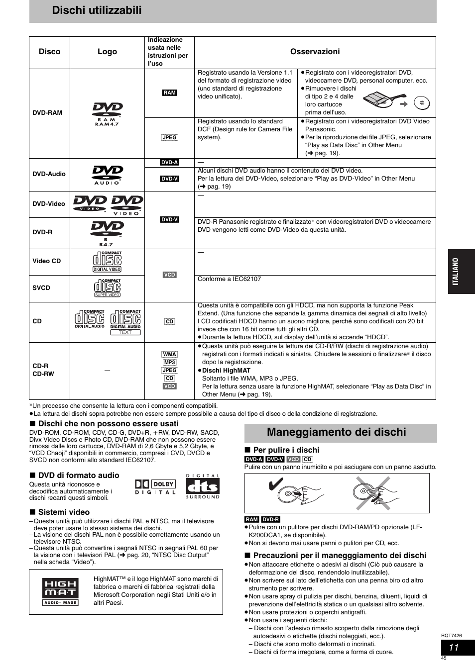 Dischi utilizzabili, Maneggiamento dei dischi | Panasonic SCHT520 User Manual | Page 45 / 104