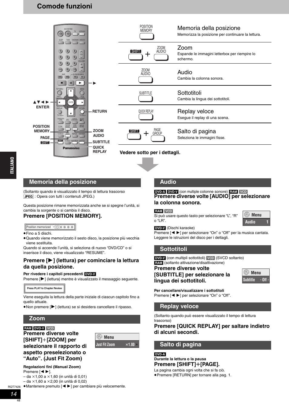 Comode funzioni, Zoom, Audio | Sottotitoli, Replay veloce, Salto di pagina, Audio sottotitoli replay veloce salto di pagina, Premere [shift] r [page, Vedere sotto per i dettagli | Panasonic SCHT520 User Manual | Page 48 / 104
