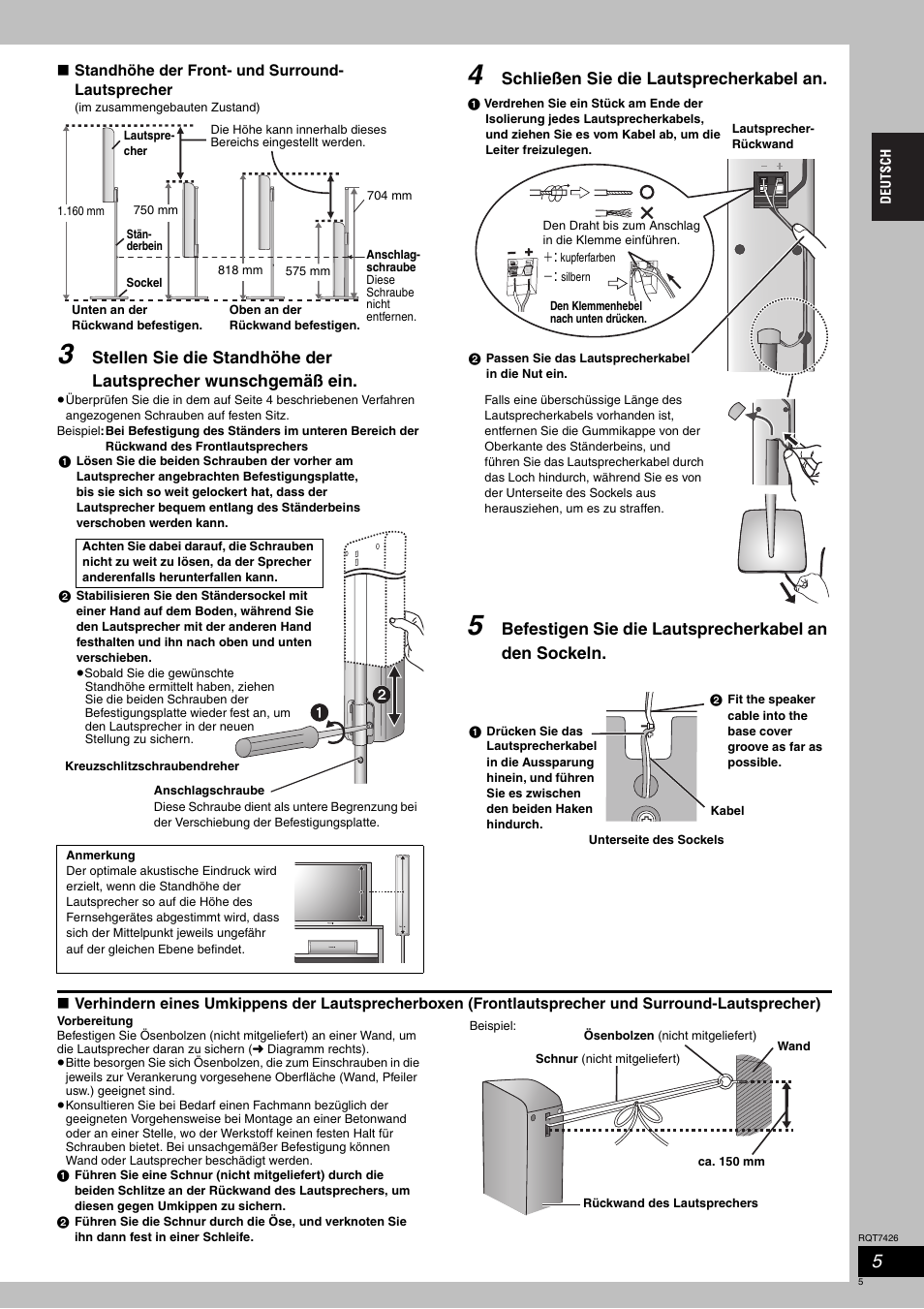Schließen sie die lautsprecherkabel an | Panasonic SCHT520 User Manual | Page 5 / 104