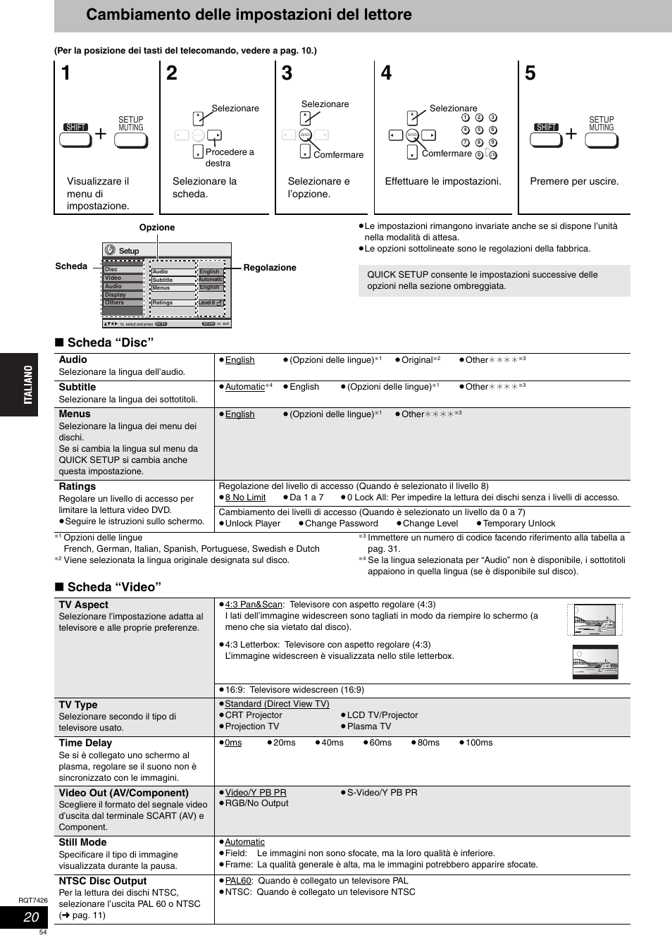 Cambiamento delle impostazioni del lettore, Scheda “disc, Scheda “video | Panasonic SCHT520 User Manual | Page 54 / 104