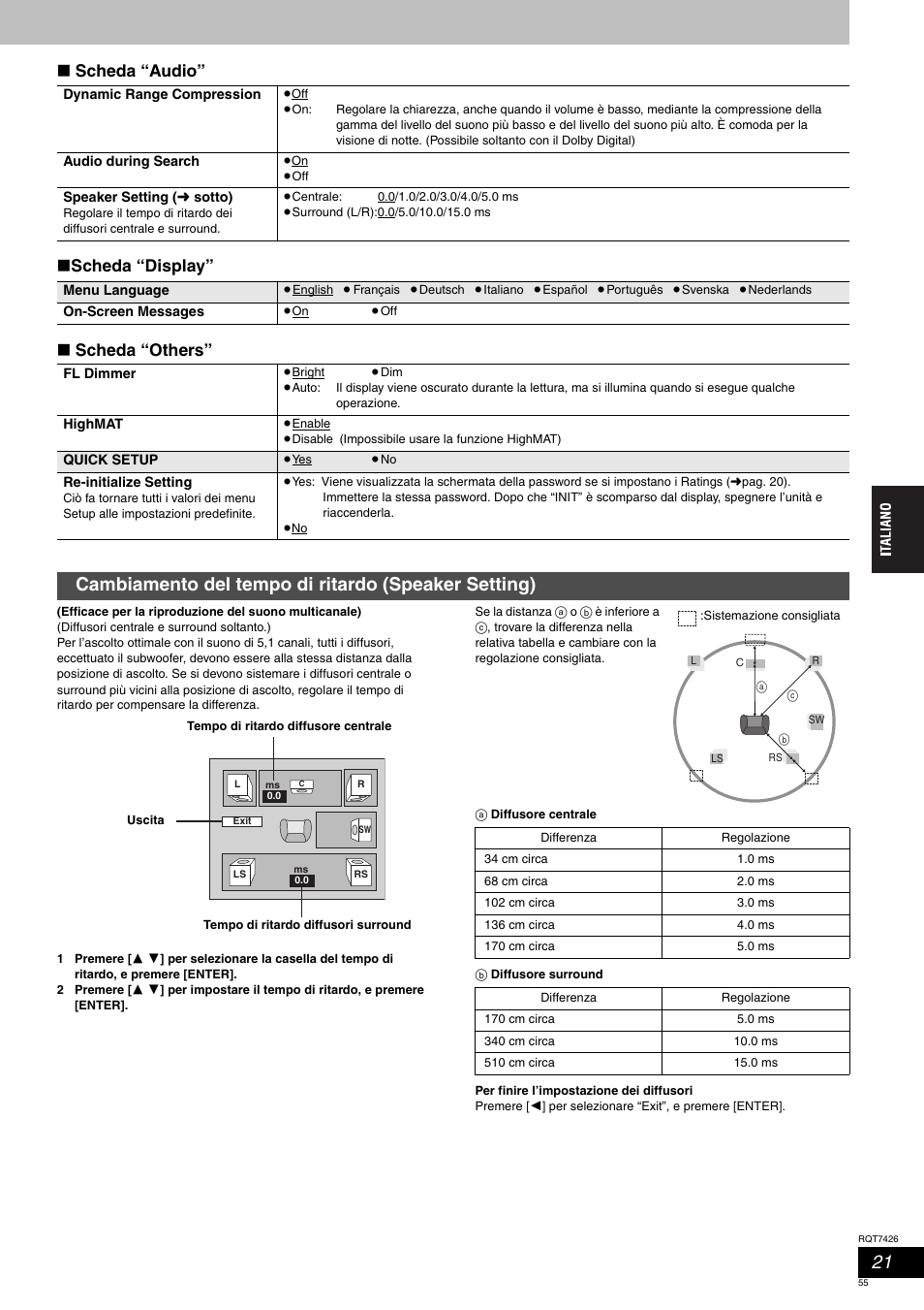 Cambiamento del tempo di ritardo (speaker setting), Scheda “audio” ∫ scheda “display” ∫ scheda “others | Panasonic SCHT520 User Manual | Page 55 / 104