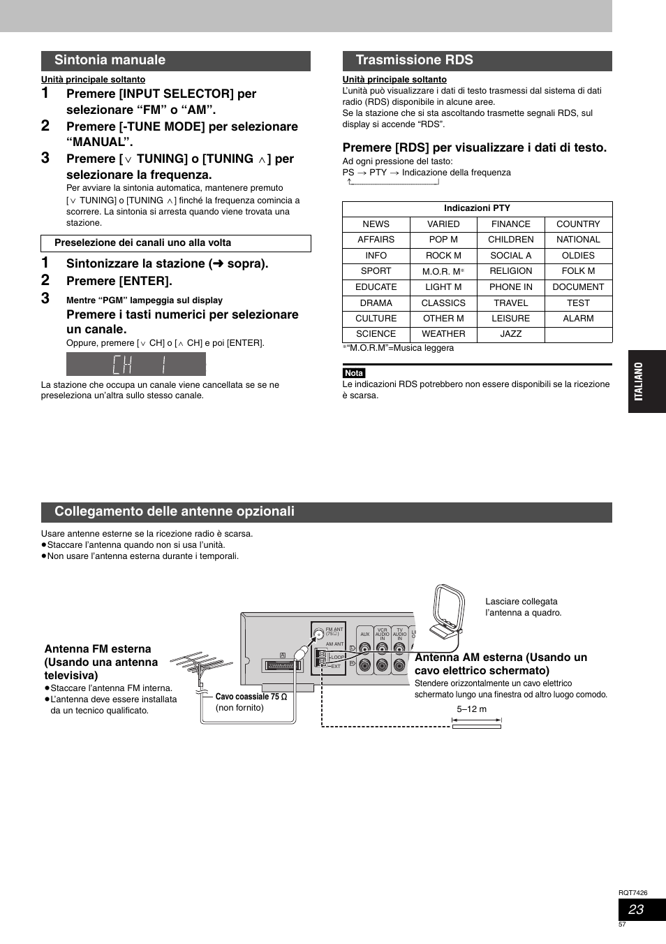 Sintonia manuale, Trasmissione rds, Collegamento delle antenne opzionali | Premere [-tune mode] per selezionare “manual, Sintonizzare la stazione ( ‹ sopra), Premere [enter, Premere i tasti numerici per selezionare un canale, Premere [rds] per visualizzare i dati di testo, Antenna fm esterna (usando una antenna televisiva) | Panasonic SCHT520 User Manual | Page 57 / 104