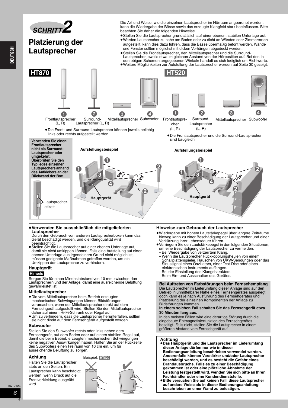 Platzierung der lautsprecher, Schritt | Panasonic SCHT520 User Manual | Page 6 / 104