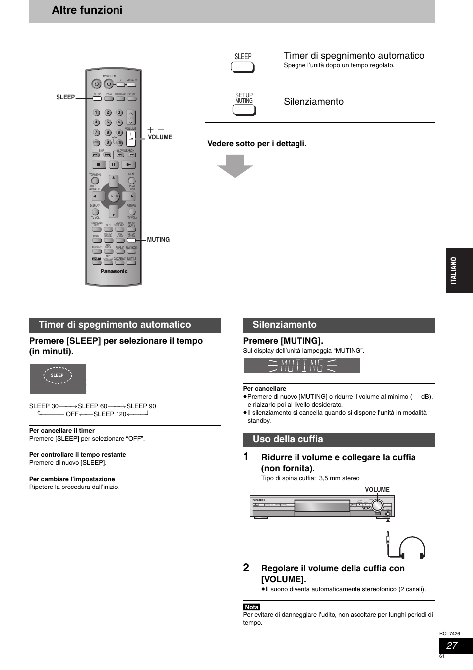 Altre funzioni, Timer di spegnimento automatico, Silenziamento | Silenziamento uso della cuffia, Premere [muting, Regolare il volume della cuffia con [volume, Sleep, Vedere sotto per i dettagli, Nota, Tipo di spina cuffia: 3,5 mm stereo | Panasonic SCHT520 User Manual | Page 61 / 104