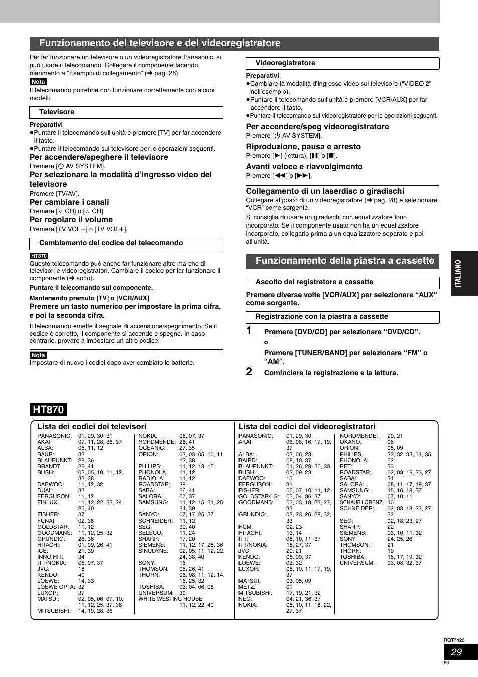 Ht870, Funzionamento della piastra a cassette | Panasonic SCHT520 User Manual | Page 63 / 104