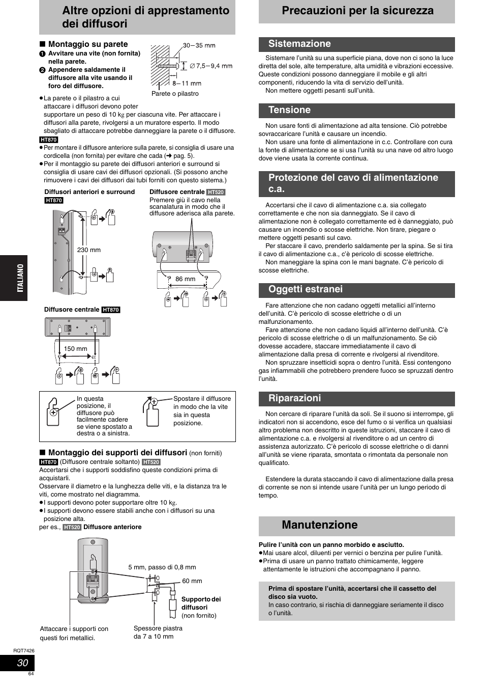 Altre opzioni di apprestamento dei diffusori, Precauzioni per la sicurezza, Manutenzione | Panasonic SCHT520 User Manual | Page 64 / 104
