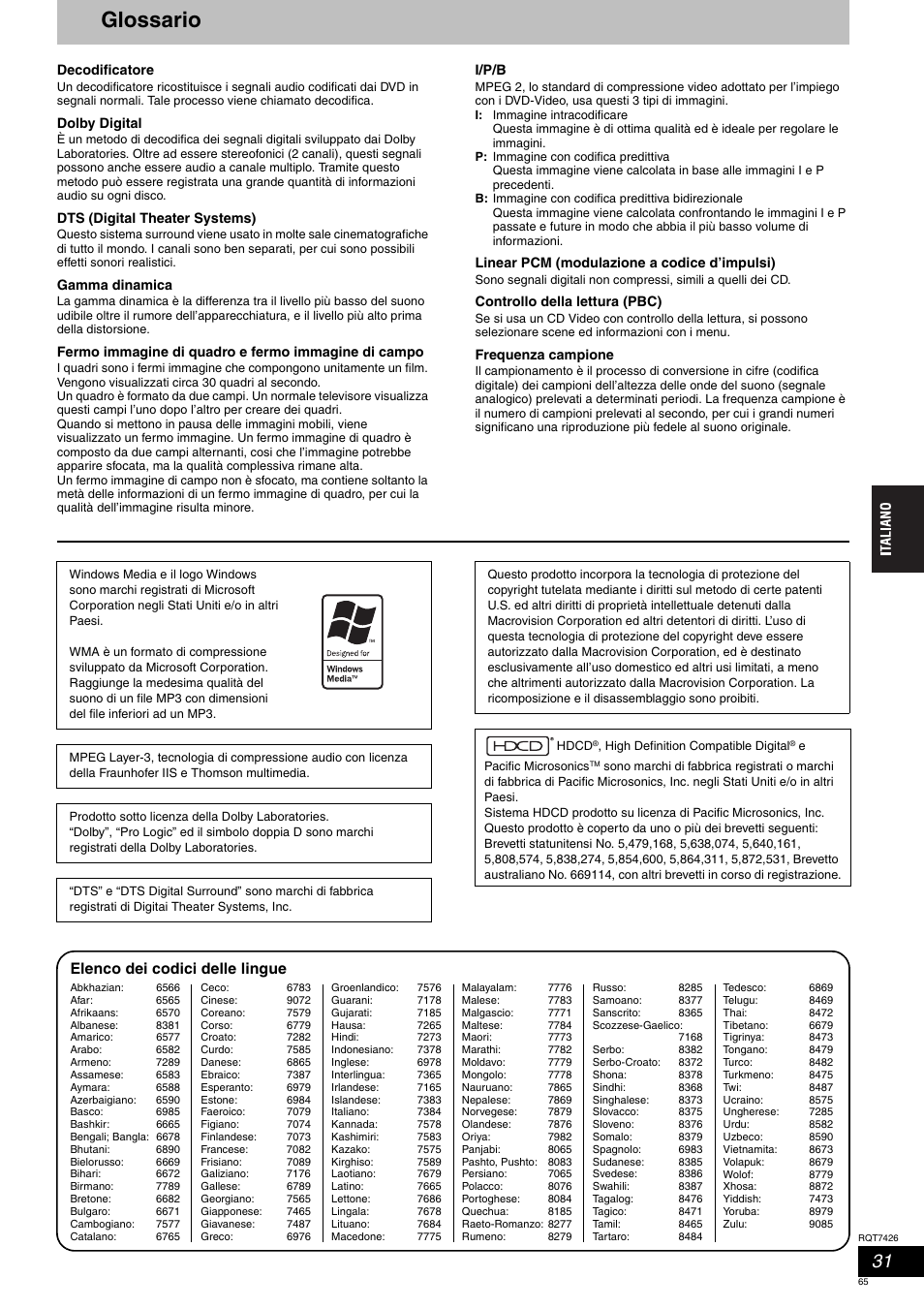 Glossario, Elenco dei codici delle lingue | Panasonic SCHT520 User Manual | Page 65 / 104