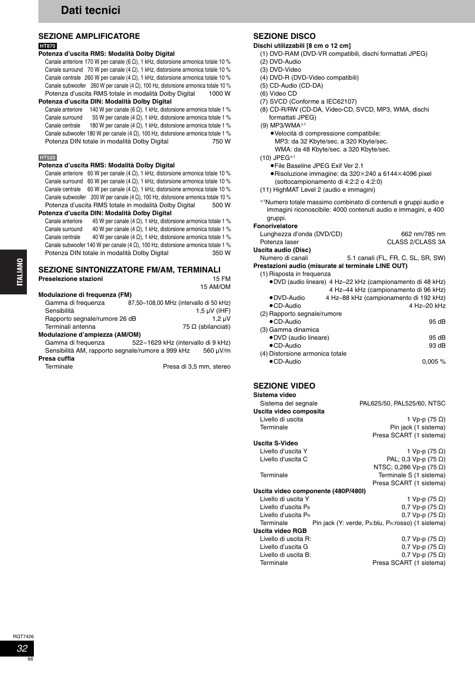 Dati tecnici | Panasonic SCHT520 User Manual | Page 66 / 104