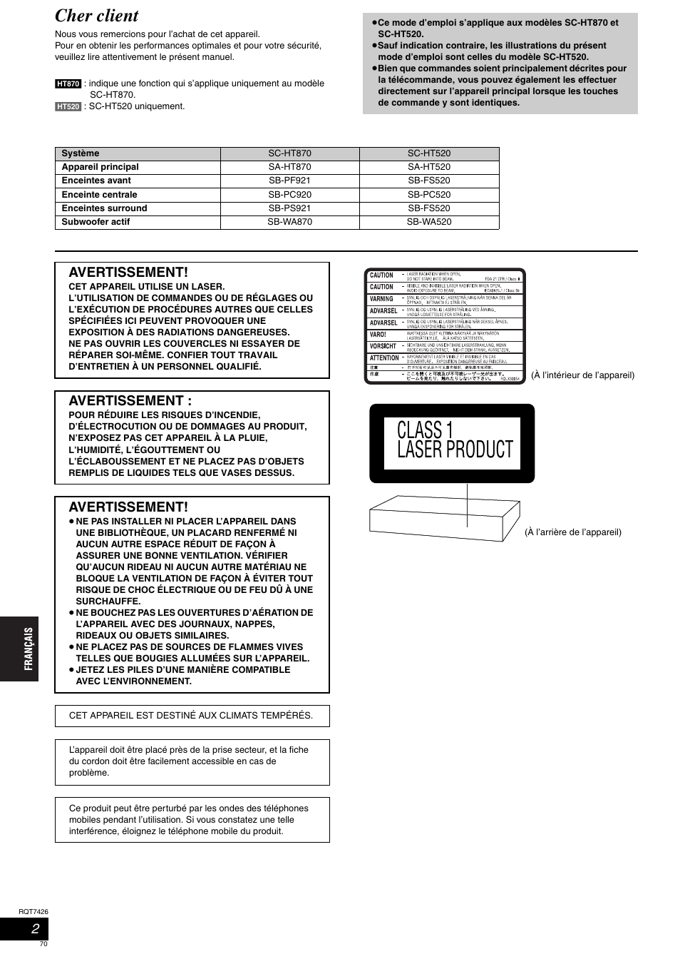 Class 1 laser product, Cher client, Avertissement | Panasonic SCHT520 User Manual | Page 70 / 104