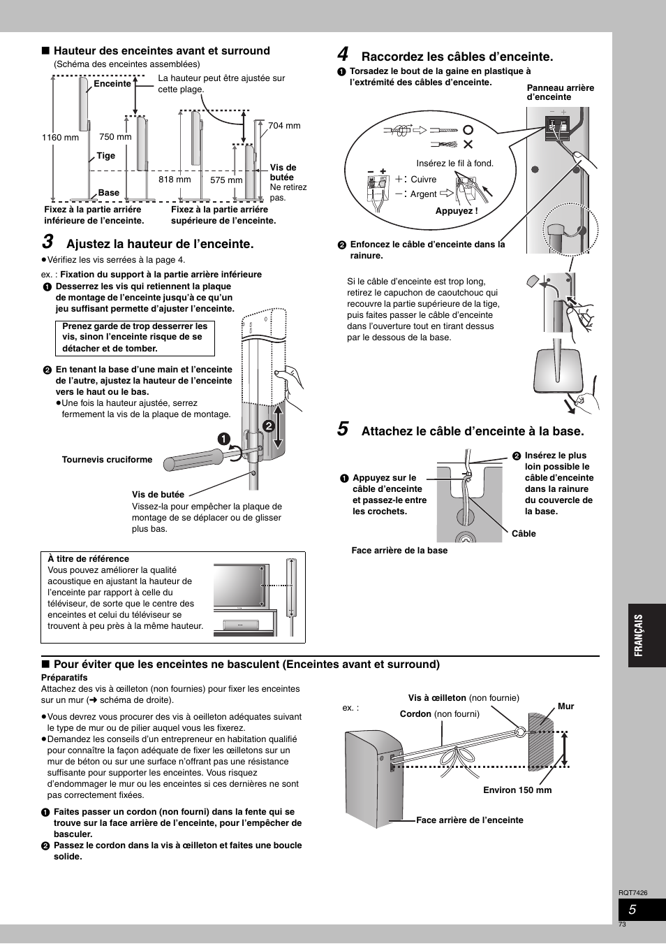 Ajustez la hauteur de l’enceinte, Raccordez les câbles d’enceinte, Attachez le câble d’enceinte à la base | Panasonic SCHT520 User Manual | Page 73 / 104