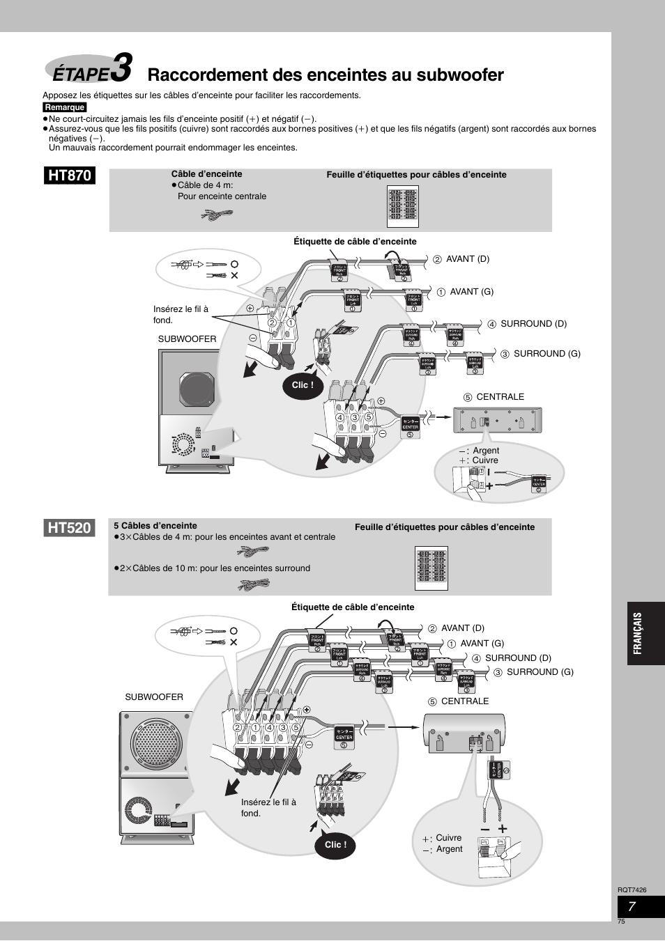 Étape, Raccordement des enceintes au subwoofer, Ht870 | Ht520 | Panasonic SCHT520 User Manual | Page 75 / 104