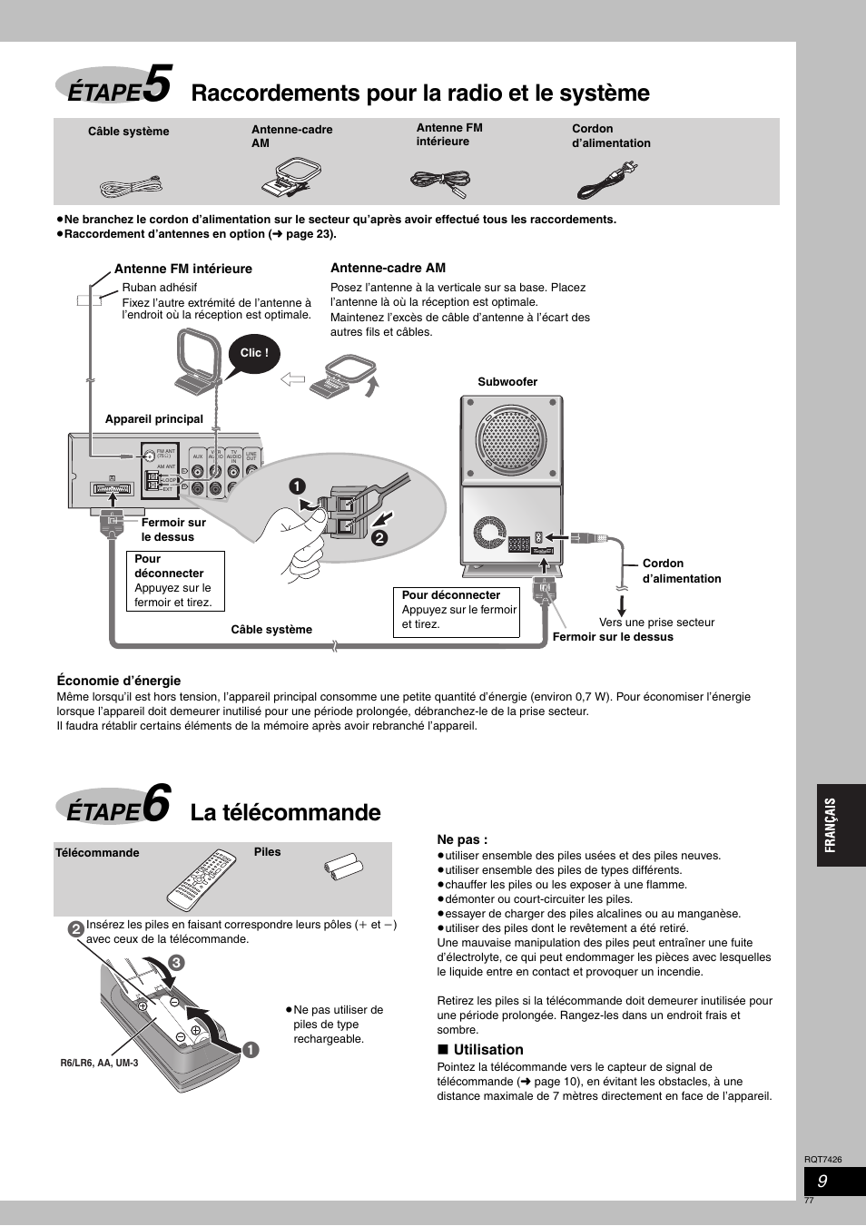 Étape, Raccordements pour la radio et le système, La télécommande | Panasonic SCHT520 User Manual | Page 77 / 104