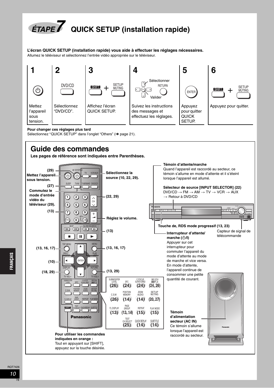 Étape, Quick setup (installation rapide), Guide des commandes | Dvd/cd | Panasonic SCHT520 User Manual | Page 78 / 104