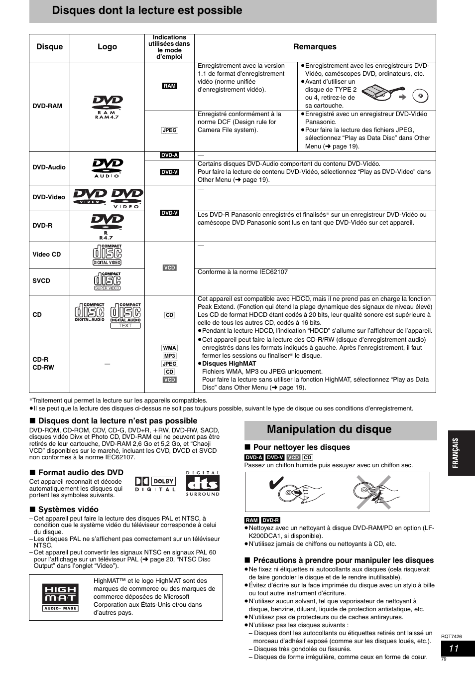 Disques dont la lecture est possible, Manipulation du disque | Panasonic SCHT520 User Manual | Page 79 / 104