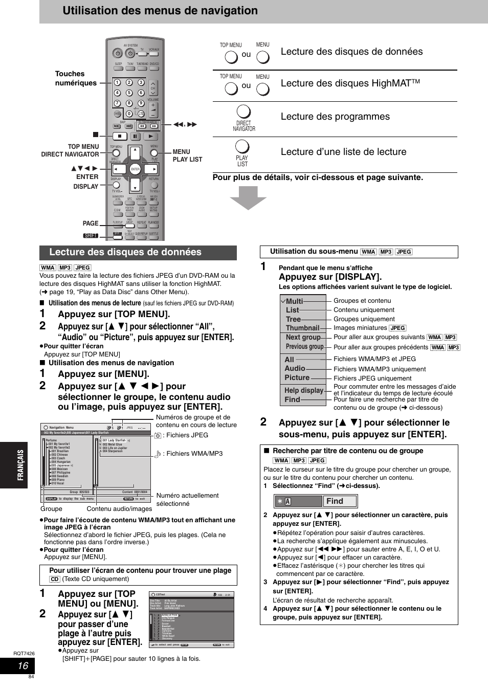 Utilisation des menus de navigation, Lecture des disques de données, Appuyez sur [top menu | Appuyez sur [menu, Appuyez sur [top menu] ou [menu, Appuyez sur [display, Find | Panasonic SCHT520 User Manual | Page 84 / 104