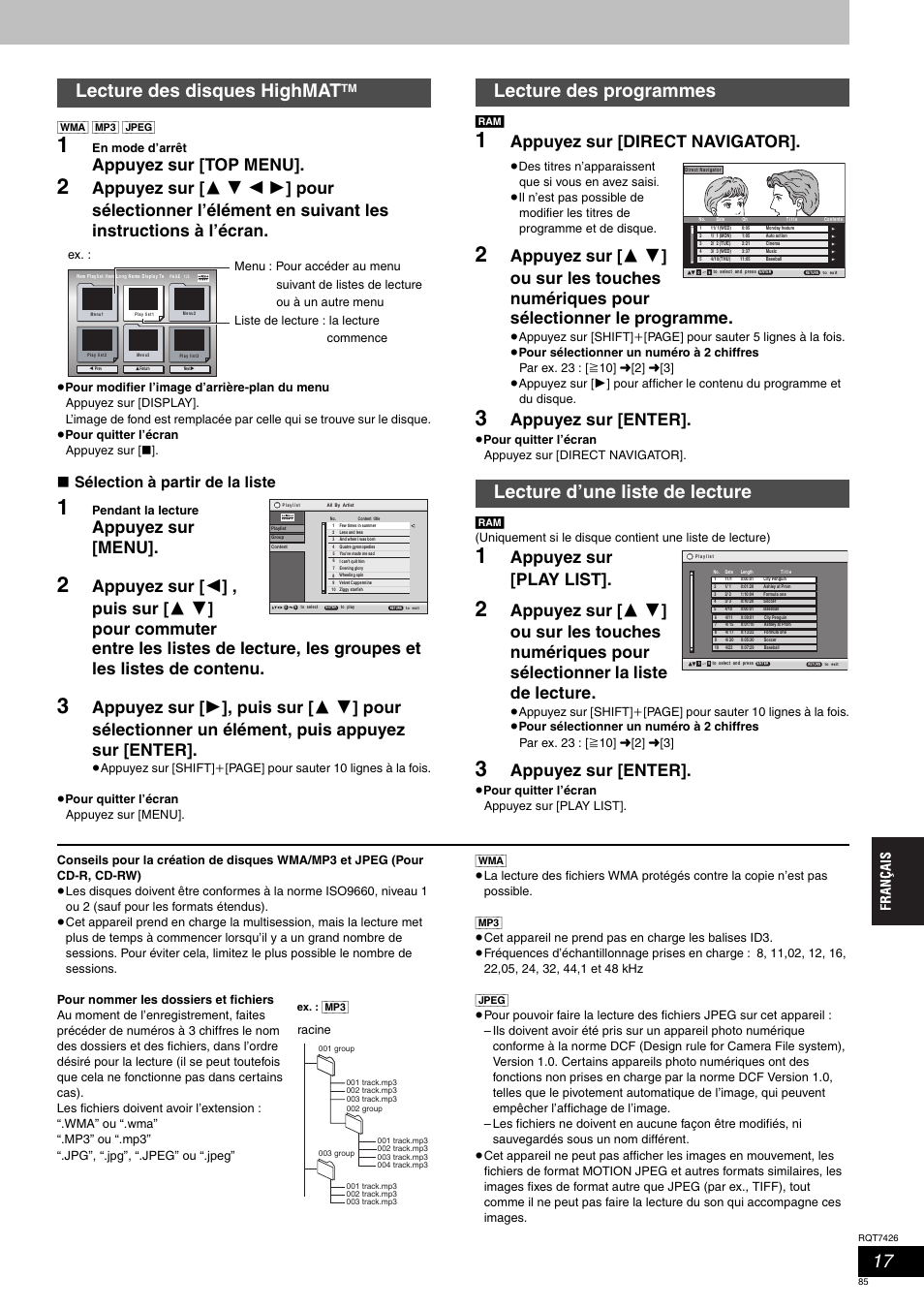 Lecture des disques highmat, Appuyez sur [top menu, Appuyez sur [menu | Appuyez sur [direct navigator, Appuyez sur [enter, Appuyez sur [play list, Sélection à partir de la liste | Panasonic SCHT520 User Manual | Page 85 / 104