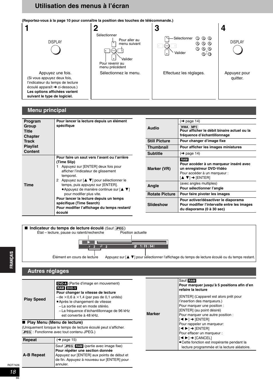 Utilisation des menus à l’écran, Menu principal, Autres réglages | Panasonic SCHT520 User Manual | Page 86 / 104