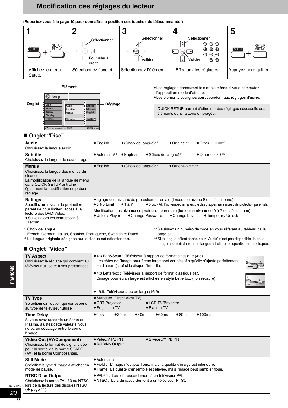 Modification des réglages du lecteur, Onglet “disc, Onglet “video | Panasonic SCHT520 User Manual | Page 88 / 104
