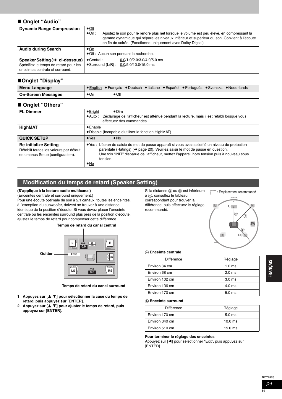 Modification du temps de retard (speaker setting), Onglet “audio” ∫ onglet “display” ∫ onglet “others | Panasonic SCHT520 User Manual | Page 89 / 104