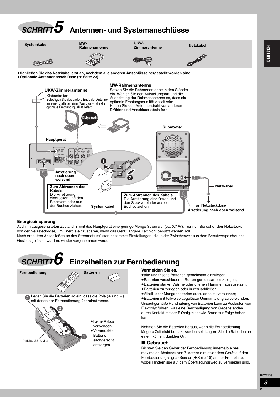 Schritt, Antennen- und systemanschlüsse, Einzelheiten zur fernbedienung | Panasonic SCHT520 User Manual | Page 9 / 104