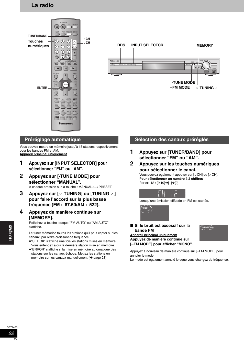 La radio, Appuyez sur [-tune mode] pour sélectionner “manual, Si le bruit est excessif sur la bande fm | Appuyez de manière continue sur, Fm mode] pour afficher “mono, Fm mode input selector rds | Panasonic SCHT520 User Manual | Page 90 / 104