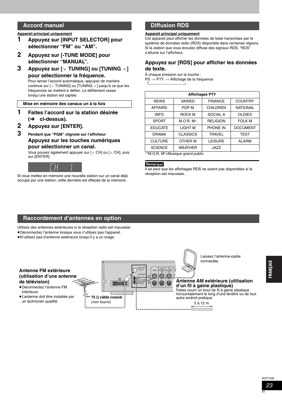 Accord manuel, Diffusion rds, Raccordement d’antennes en option | Appuyez sur [-tune mode] pour sélectionner “manual, Appuyez sur [enter | Panasonic SCHT520 User Manual | Page 91 / 104