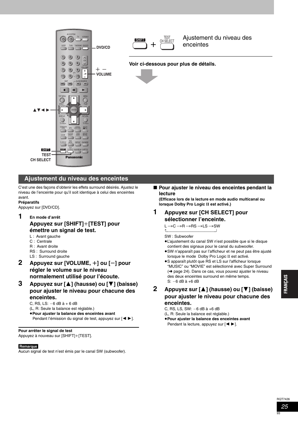 Ajustement du niveau des enceintes, Voir ci-dessous pour plus de détails | Panasonic SCHT520 User Manual | Page 93 / 104