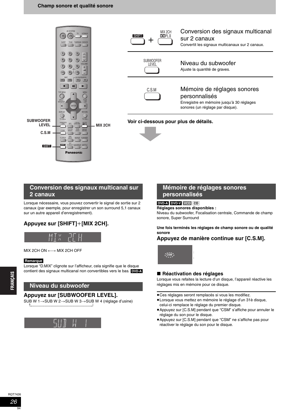 Conversion des signaux multicanal sur 2 canaux, Niveau du subwoofer, Mémoire de réglages sonores personnalisés | Appuyez sur [shift] i [mix 2ch, Appuyez sur [subwoofer level, Appuyez de manière continue sur [c.s.m, Réactivation des réglages, C.s.m, Remarque, Shift mix 2ch pl | Panasonic SCHT520 User Manual | Page 94 / 104