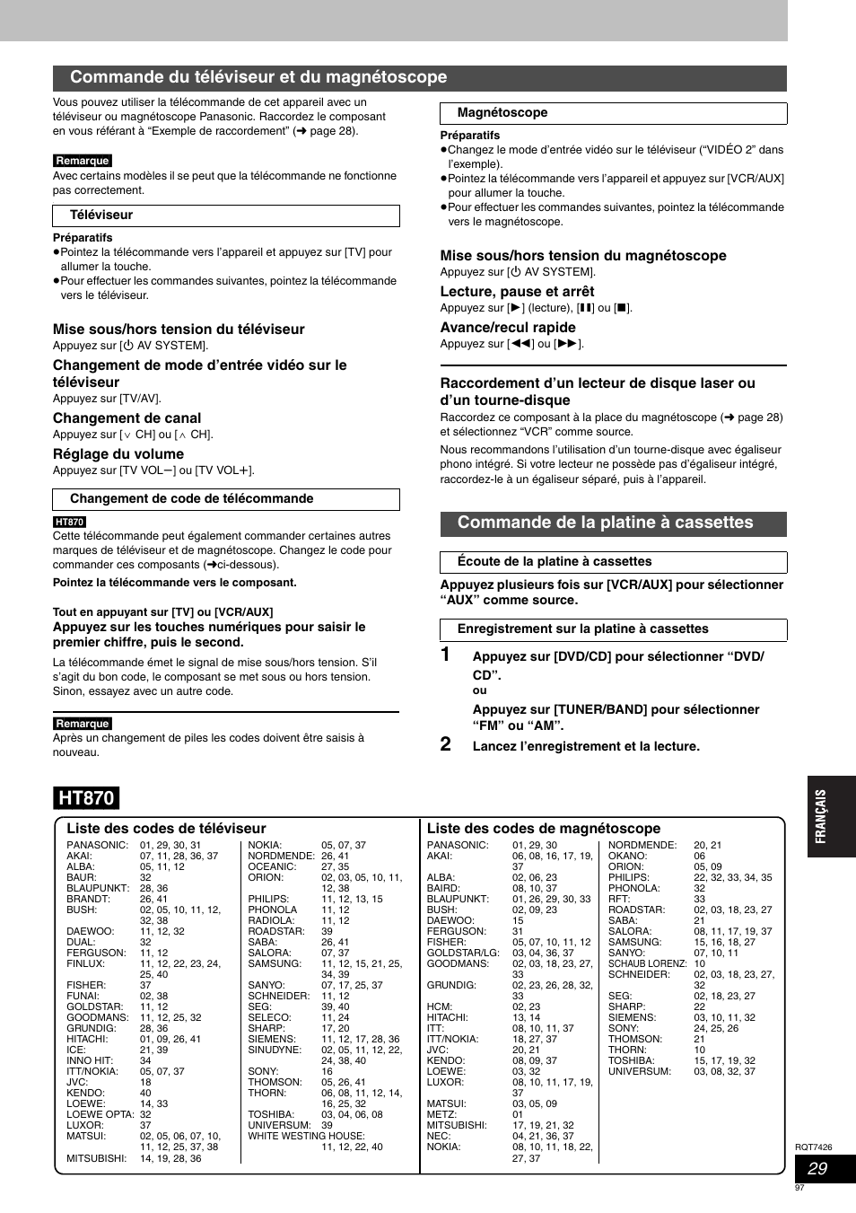 Ht870, Commande du téléviseur et du magnétoscope, Commande de la platine à cassettes | Panasonic SCHT520 User Manual | Page 97 / 104