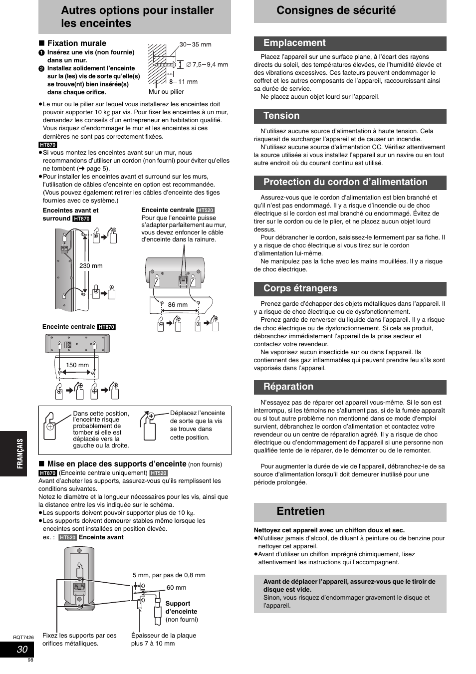 Autres options pour installer les enceintes, Consignes de sécurité, Entretien | Panasonic SCHT520 User Manual | Page 98 / 104