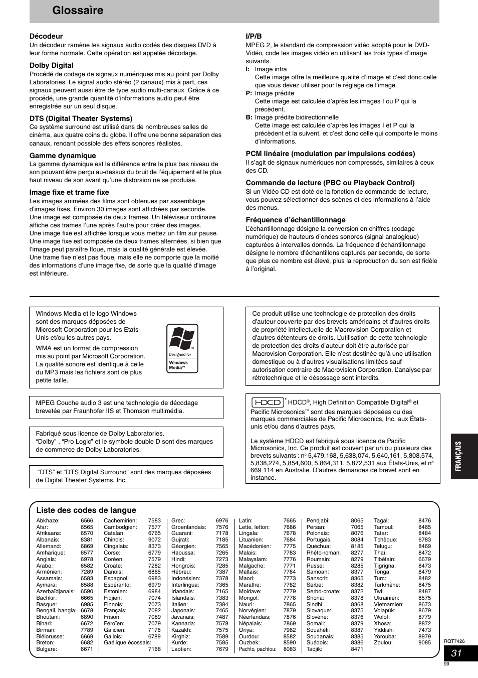 Glossaìre, Liste des codes de langue | Panasonic SCHT520 User Manual | Page 99 / 104