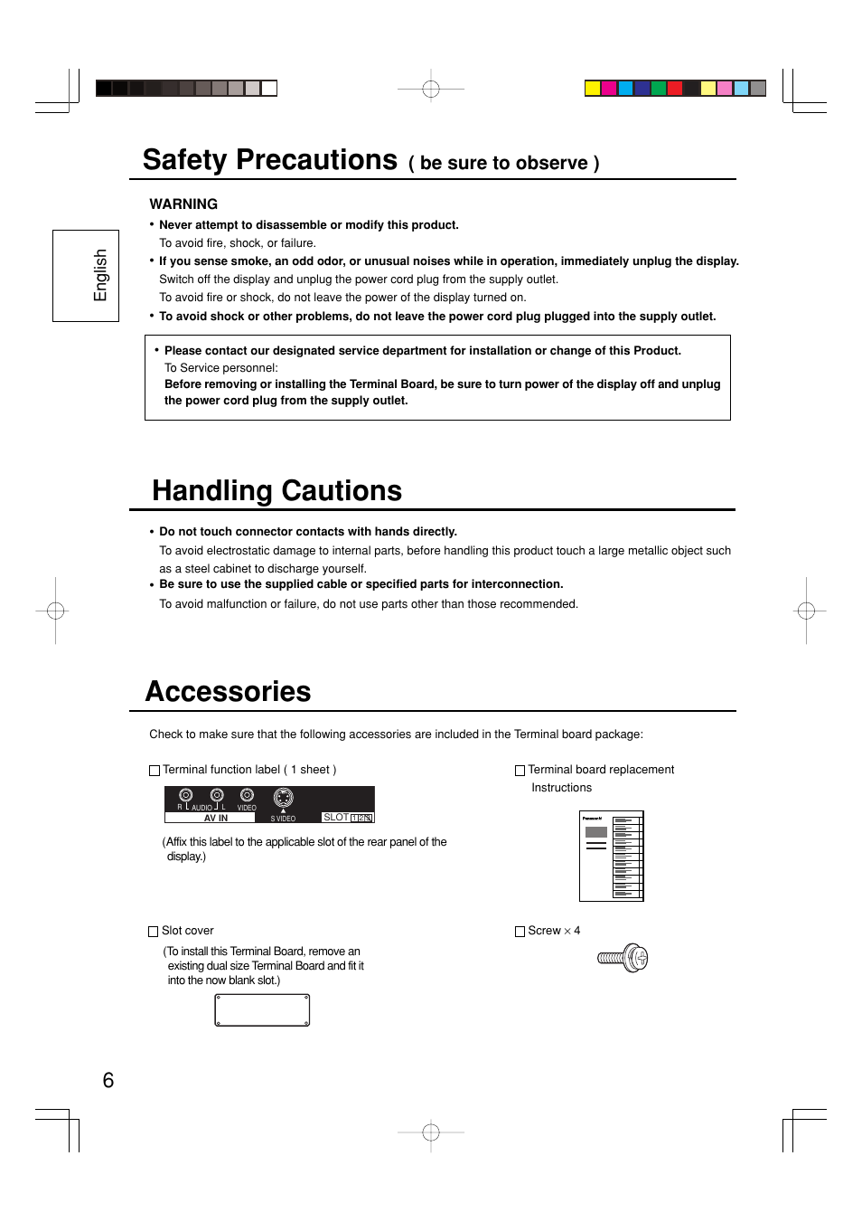 Safety precautions, Accessories, Handling cautions | Be sure to observe ), English | Panasonic TY42TM6V User Manual | Page 6 / 24