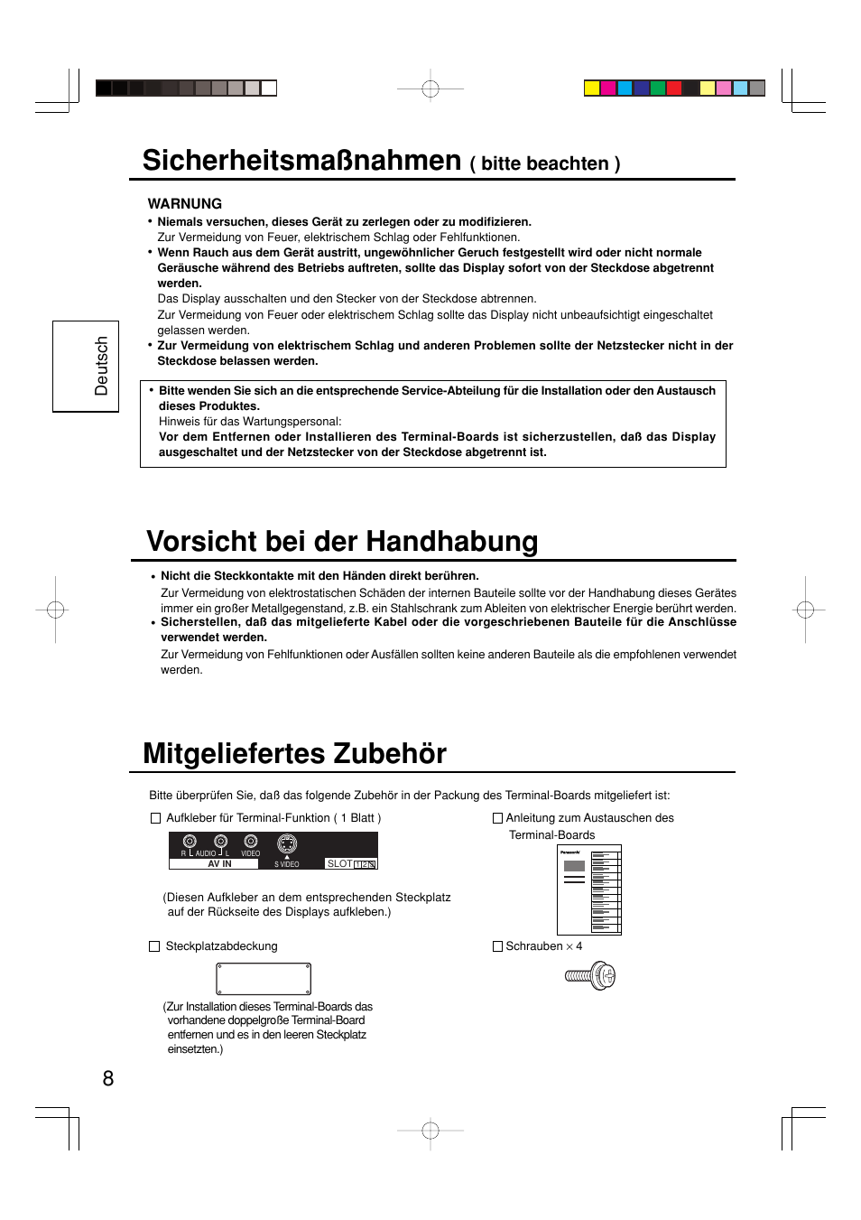 Sicherheitsmaßnahmen, Mitgeliefertes zubehör, Vorsicht bei der handhabung | Bitte beachten ), Deutsch | Panasonic TY42TM6V User Manual | Page 8 / 24