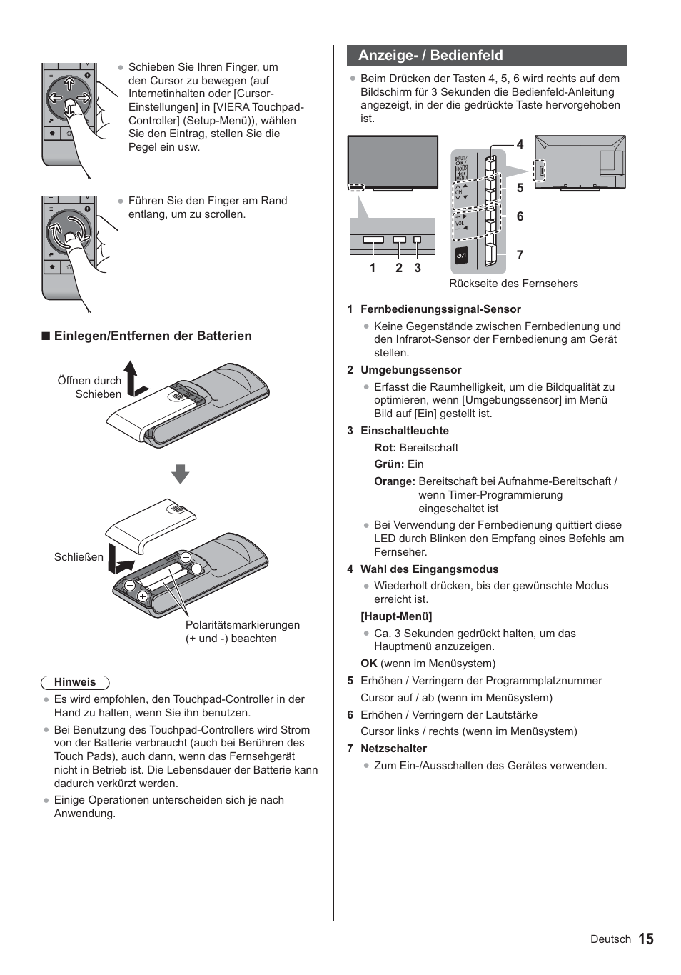 Anzeige- / bedienfeld | Panasonic TX39ASN658 User Manual | Page 15 / 80