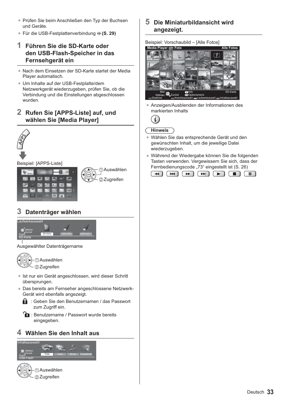 Die miniaturbildansicht wird angezeigt, Datenträger wählen, Wählen sie den inhalt aus | Panasonic TX39ASN658 User Manual | Page 33 / 80