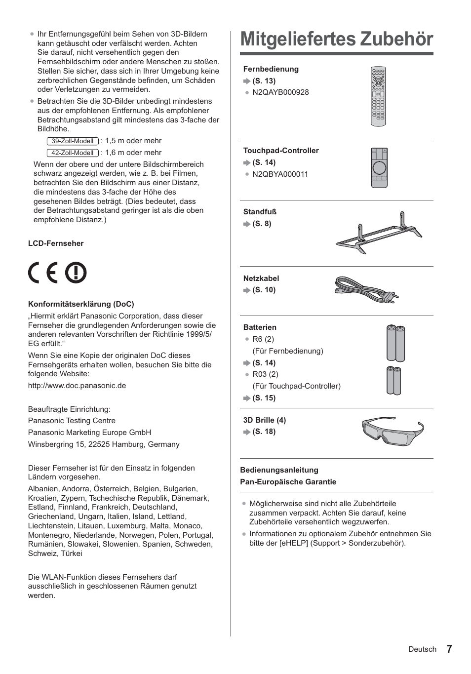 Mitgeliefertes zubehör | Panasonic TX39ASN658 User Manual | Page 7 / 80