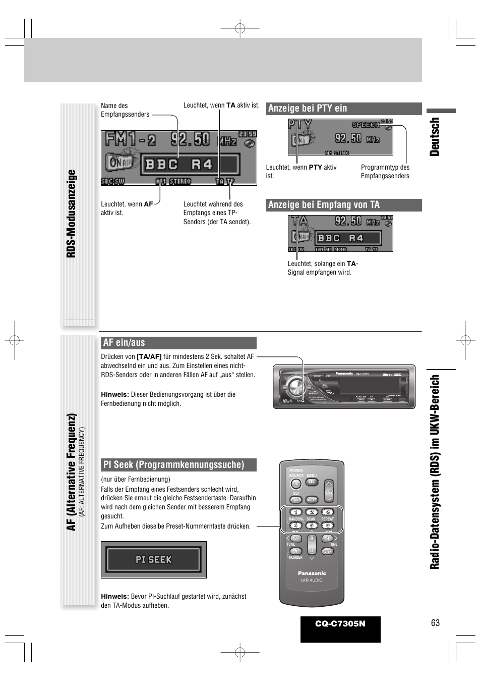 Deutsch, Rds-modusanzeige, Anzeige bei empfang von ta anzeige bei pty ein | Pi seek (programmkennungssuche), Af ein/aus, Cq-c7305n | Panasonic CQC7305N User Manual | Page 21 / 66