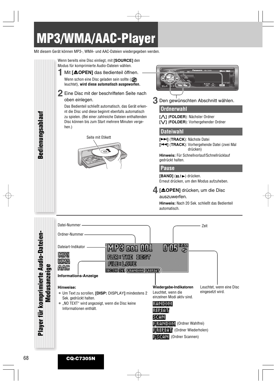 Mp3/wma/aac-player, Bedienungsablauf | Panasonic CQC7305N User Manual | Page 26 / 66