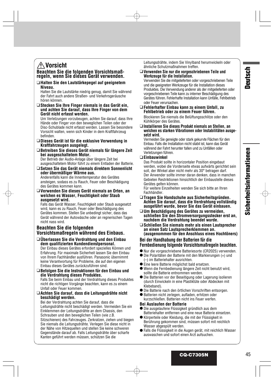 Deutsch, Sicherheitsinformationen vorsicht | Panasonic CQC7305N User Manual | Page 3 / 66