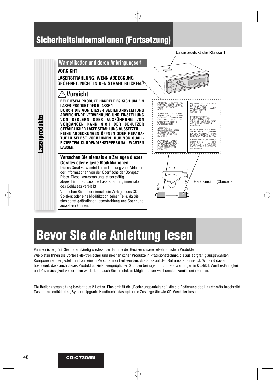 Bevor sie die anleitung lesen, Sicherheitsinformationen (fortsetzung), Laserprodukte | Vorsicht, Warnetiketten und deren anbringungsort, Cq-c7305n | Panasonic CQC7305N User Manual | Page 4 / 66