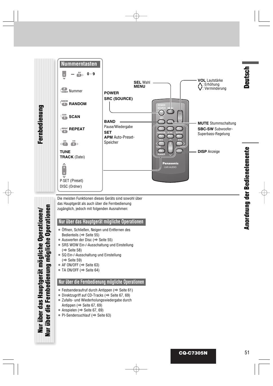Deutsch, Nur über das hauptgerät mögliche operationen, Nur über die fernbedienung mögliche operationen | Nummerntasten, Cq-c7305n | Panasonic CQC7305N User Manual | Page 9 / 66