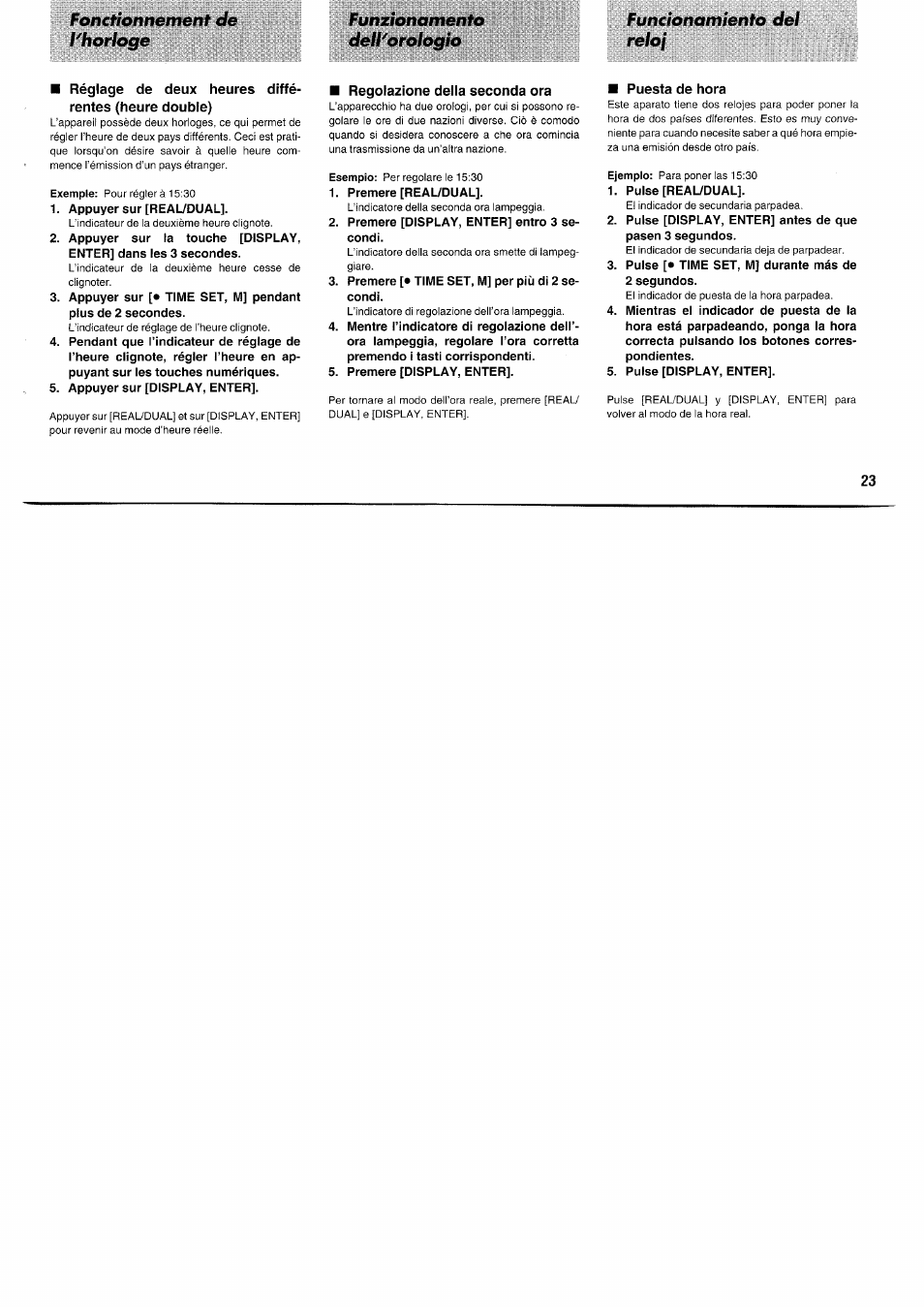 Réglage de deux heures différentes (heure double), Regolazione della seconda ora, Puesta de hora | Panasonic RFB55 User Manual | Page 23 / 84