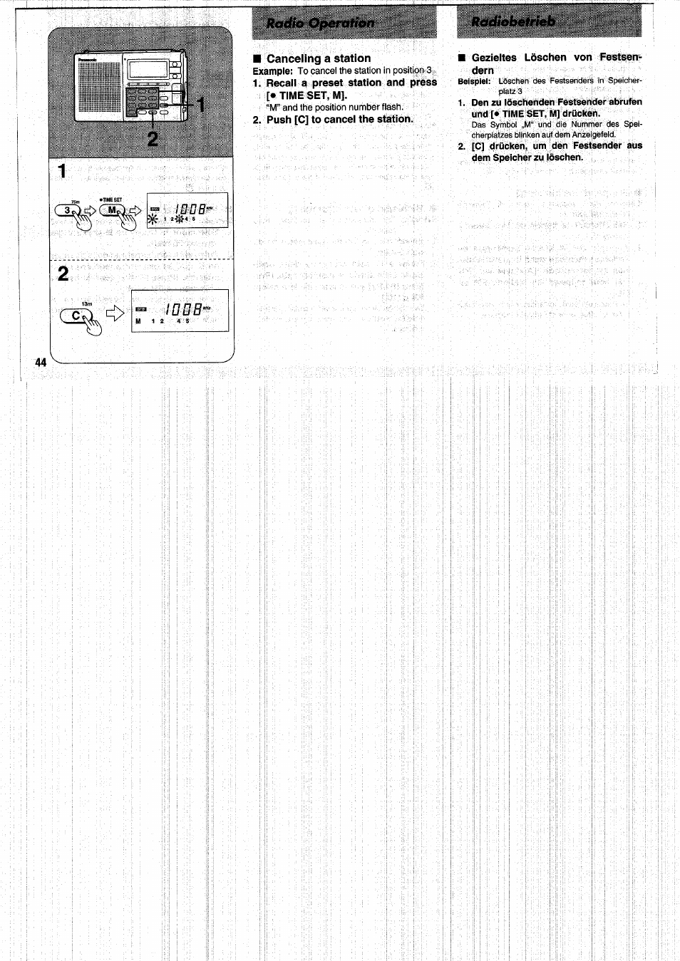 Canceling a station, Recall a preset station and press [• time set, m, Push [c] to cancel the station | Gezieltes löschen von festsendern | Panasonic RFB55 User Manual | Page 44 / 84