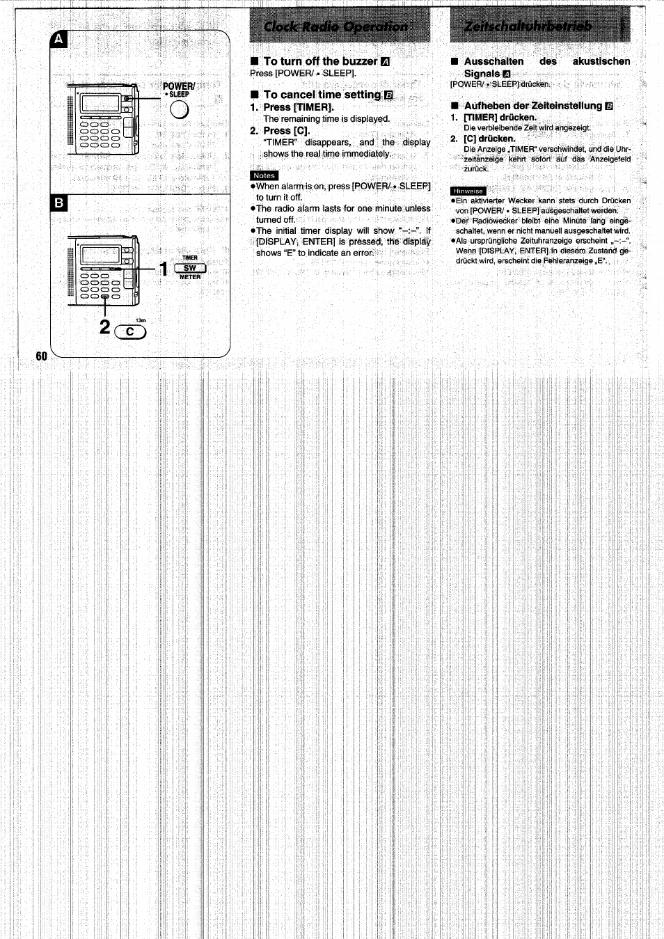 Power, To turn off the buzzer el, To cancel time setting | Press [timer, Press [c, Ausschalten des signals, Aufheben der zeiteinstellung q, [timer] drücken, [c] drücken | Panasonic RFB55 User Manual | Page 60 / 84