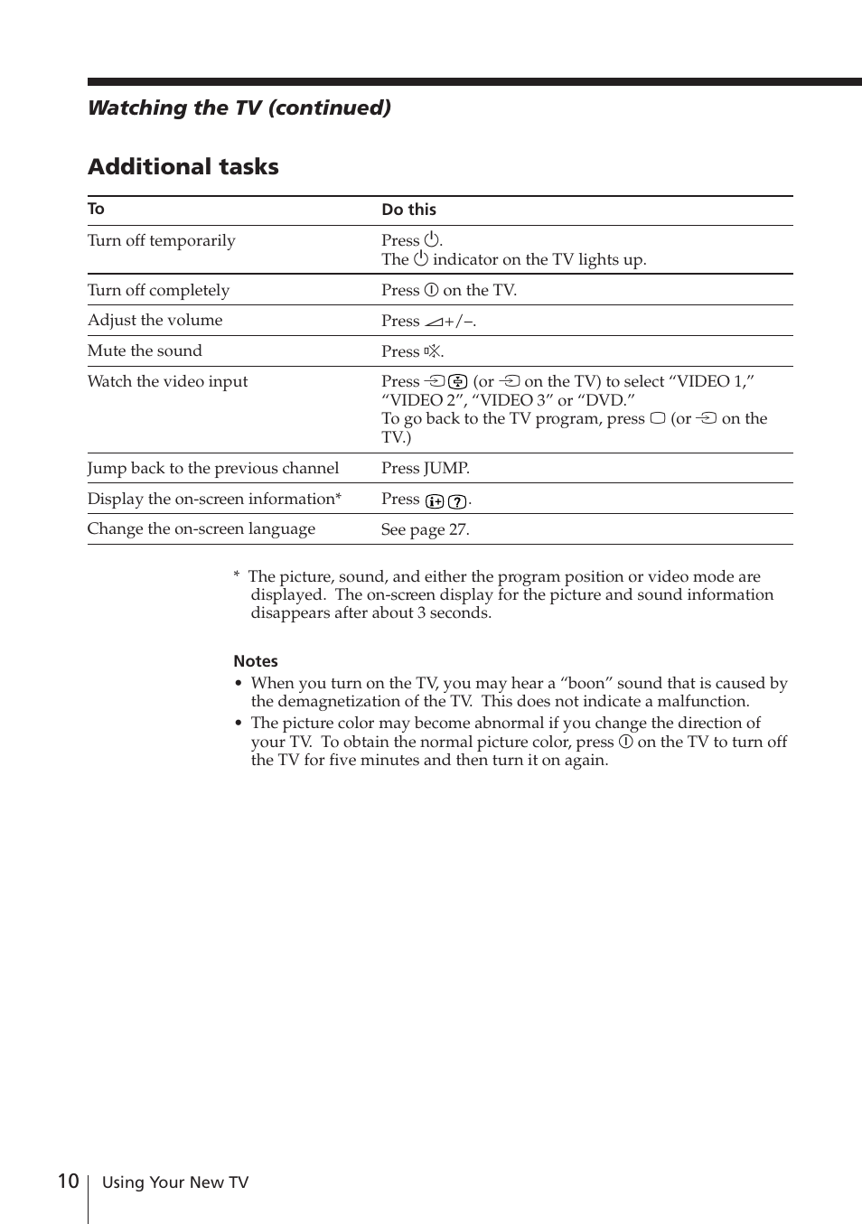 Additional tasks, Watching the tv (continued) | Sony KV-EF29M61 User Manual | Page 10 / 42