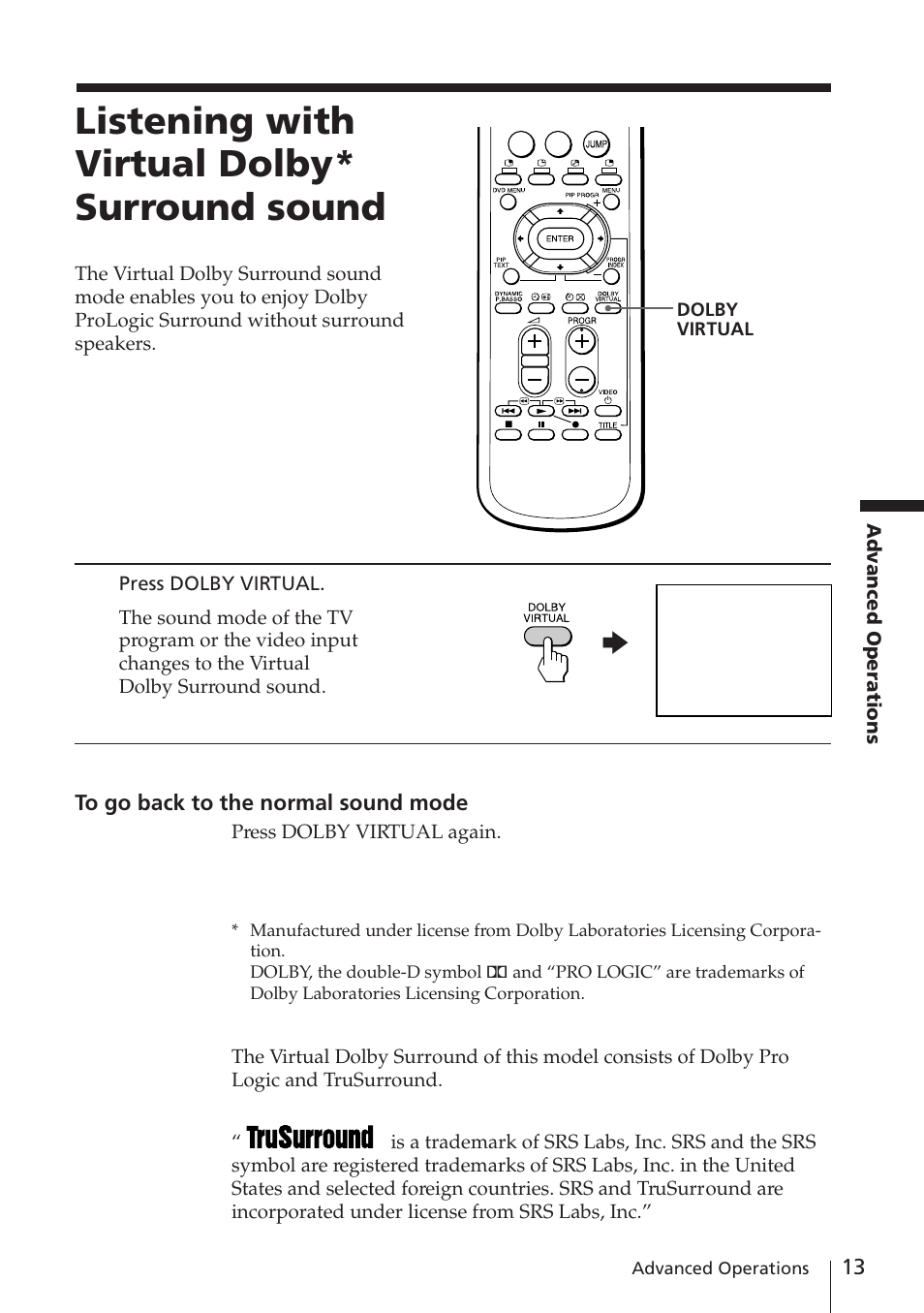 Listening with virtual dolby* surround sound | Sony KV-EF29M61 User Manual | Page 13 / 42