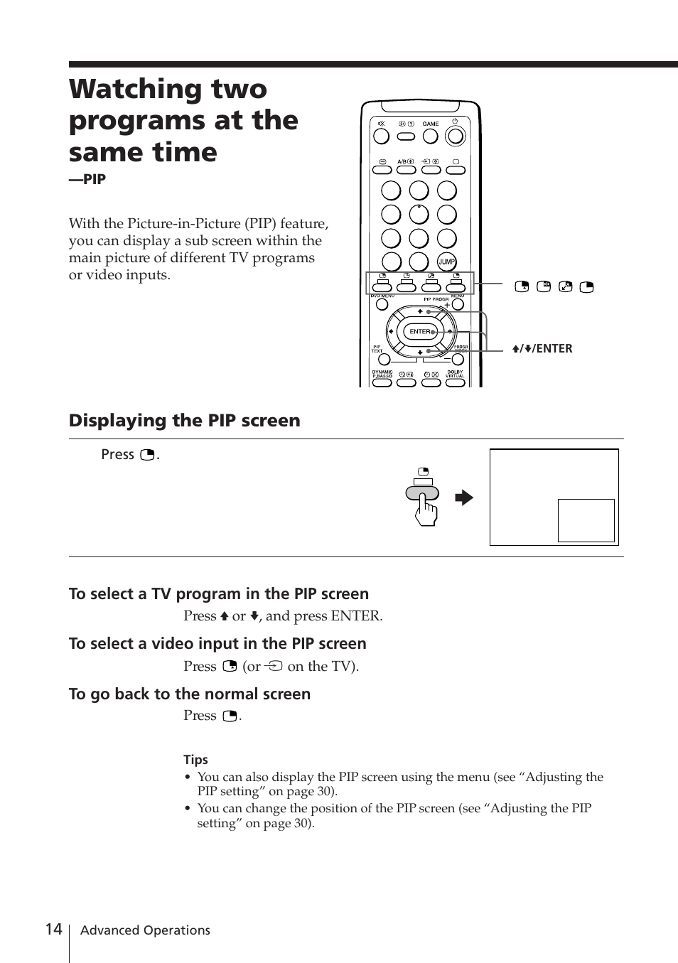 Watching two programs at the same time, Displaying the pip screen | Sony KV-EF29M61 User Manual | Page 14 / 42