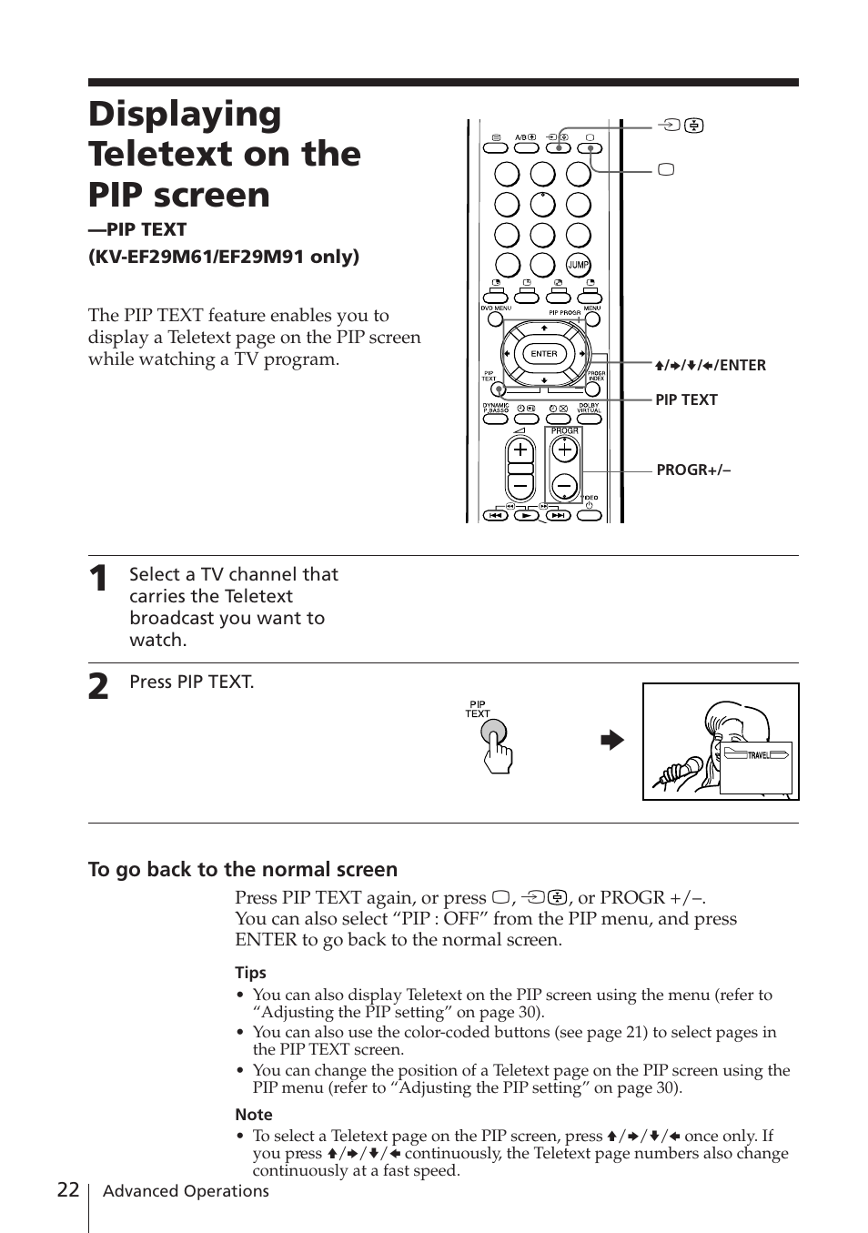 Displaying teletext on the pip screen | Sony KV-EF29M61 User Manual | Page 22 / 42